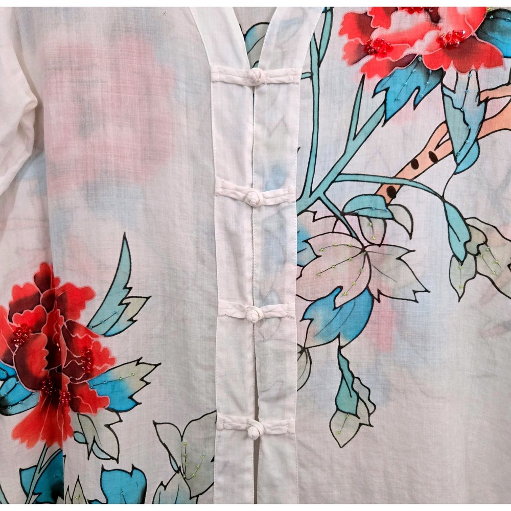 Citron Artsy Ramie Floral Butterfly Beaded Frog Button Kimono Tunic Women's M - Picture 3 of 9